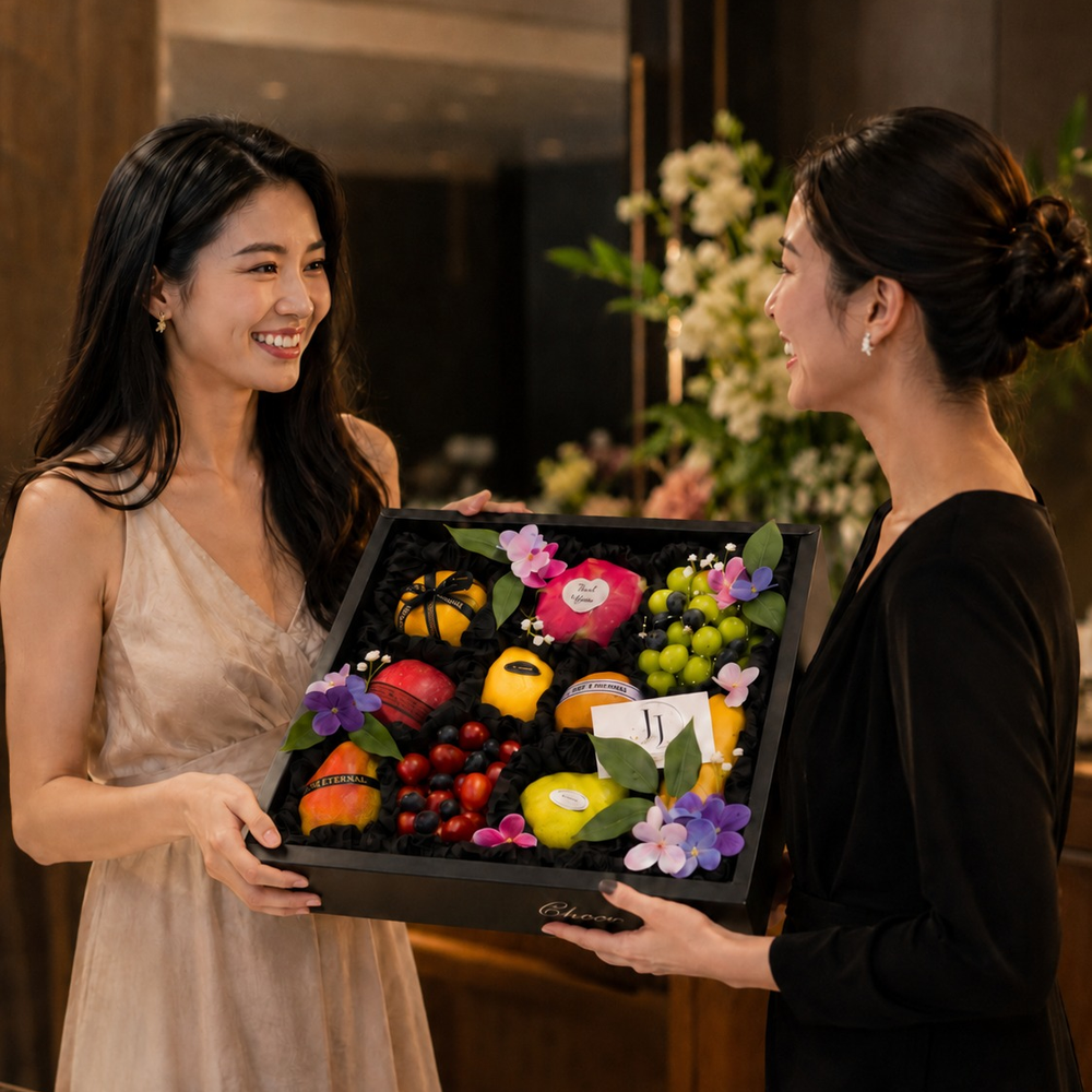Premium fruit gift box being presented