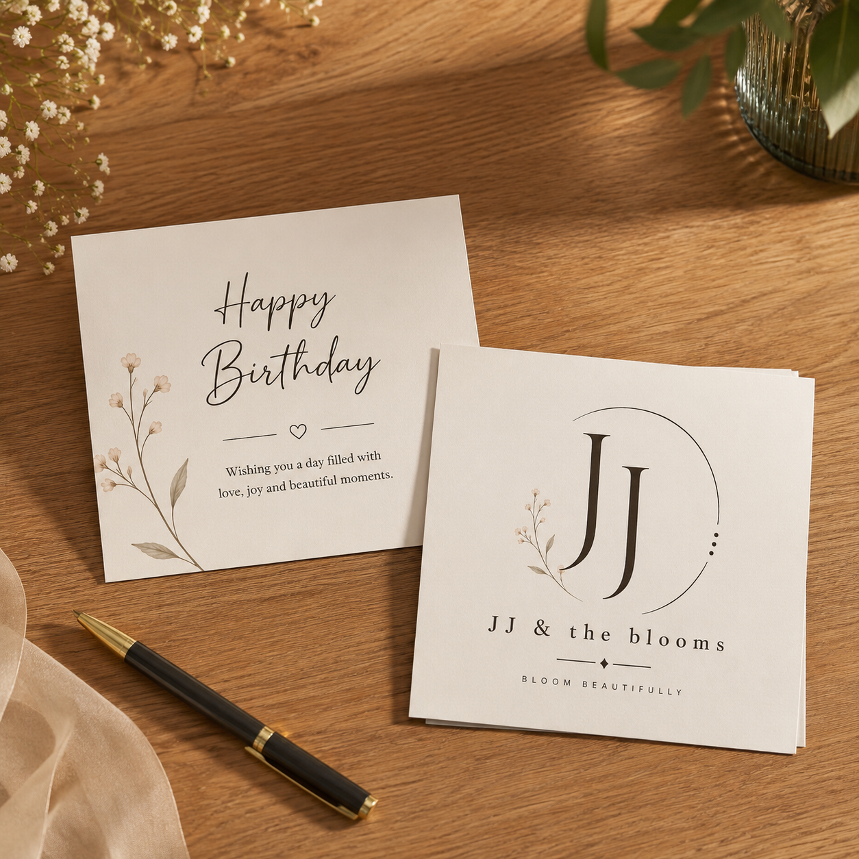 Custom birthday message cards on a wooden table